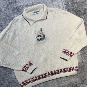 VTG Chelsea Gardens Sweater Large Cream Collared Lighthouse Coastal Grandma 90s